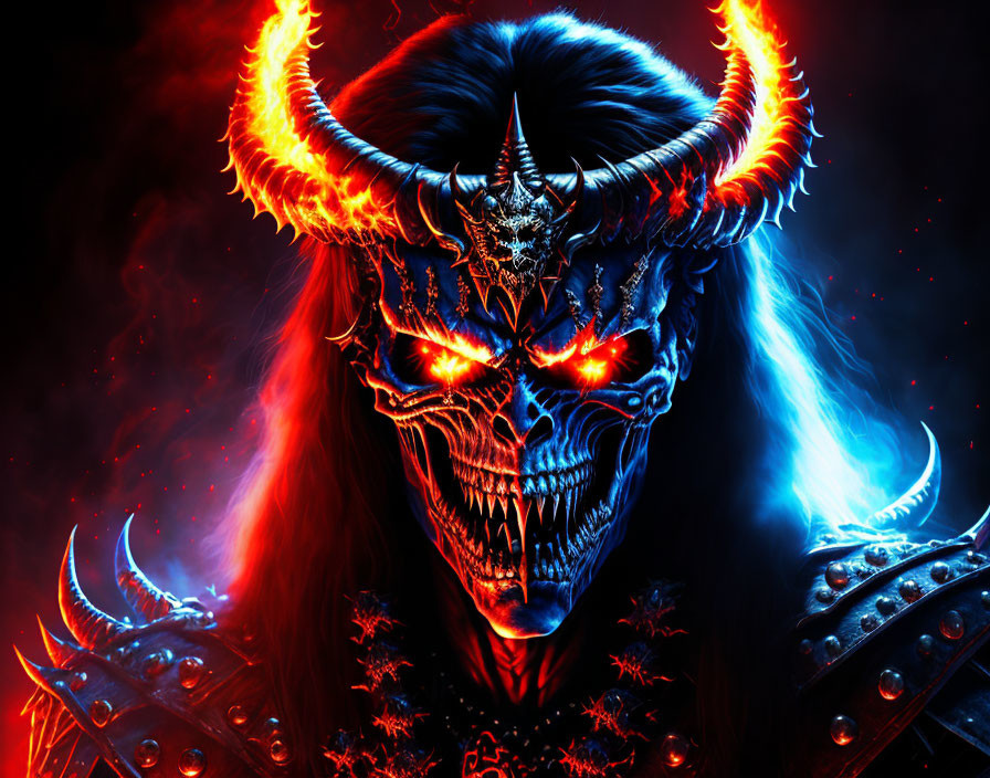 Sinister demonic figure with glowing red eyes and spiked armor on fiery background