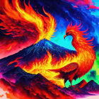 Colorful Phoenix Illustration Soaring Over Mountains