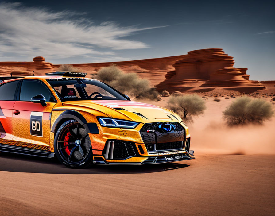 Colorful race car speeds through desert landscape under blue sky