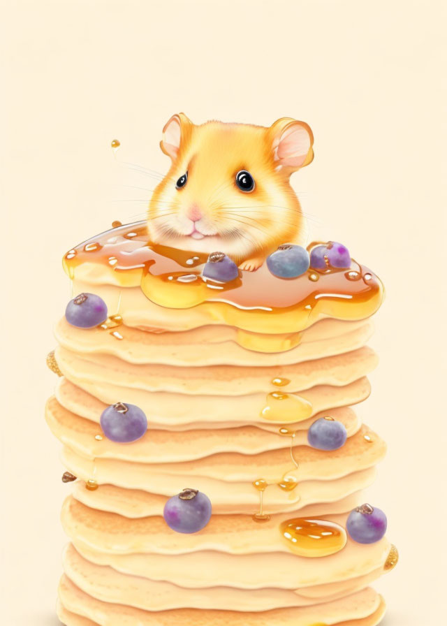 Illustrated hamster on stack of syrup-drizzled pancakes with blueberries