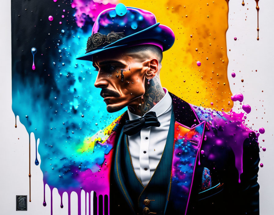 Vibrant portrait of tattooed man in suit with colorful paint splatters