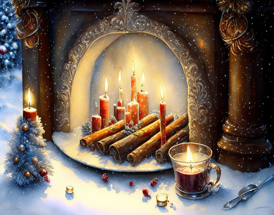 Winter fireplace scene with candles, snowflakes, hot drink, and holly berries