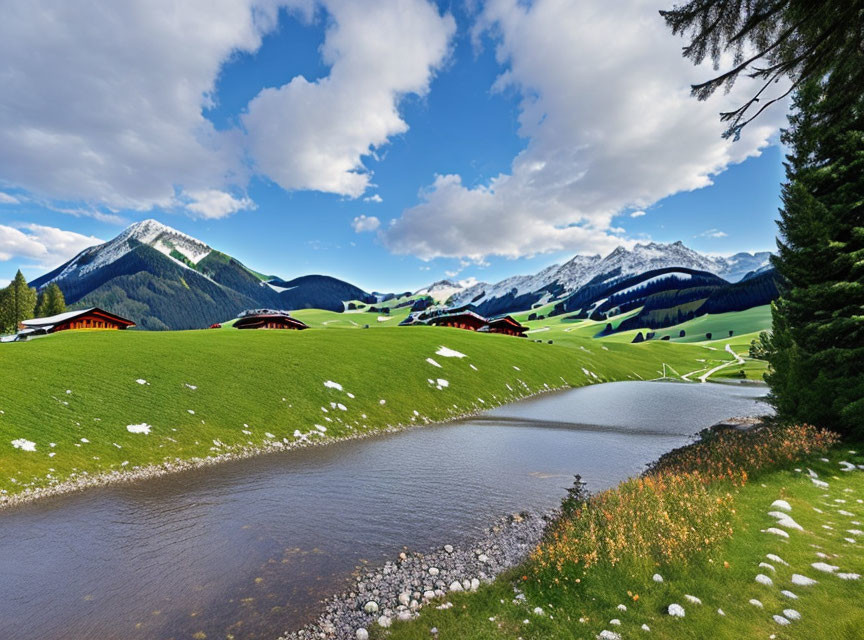 Snow-capped mountains, chalets, river, green landscape under blue sky