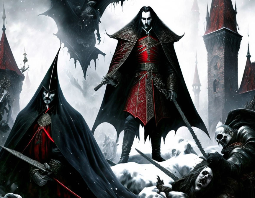 Gothic Fantasy Scene: Vampire Lord, Cloaked Figures, Dark Castle, Skulls, Snow