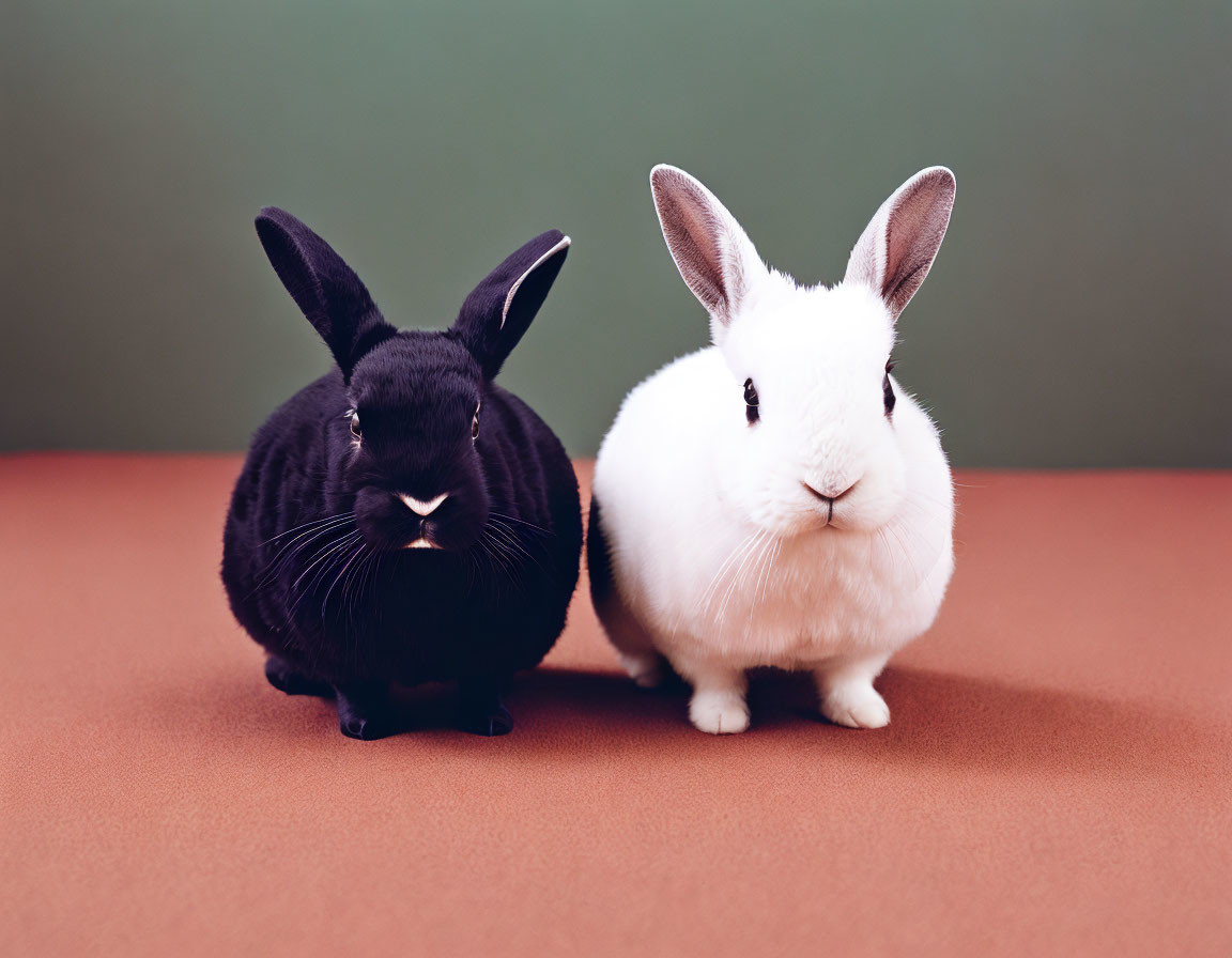 Black and white rabbits on brown surface with green background