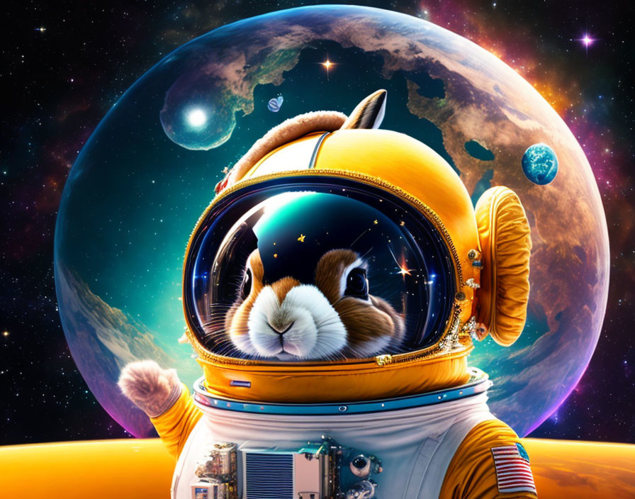 Whimsical guinea pig in astronaut suit against vibrant space backdrop