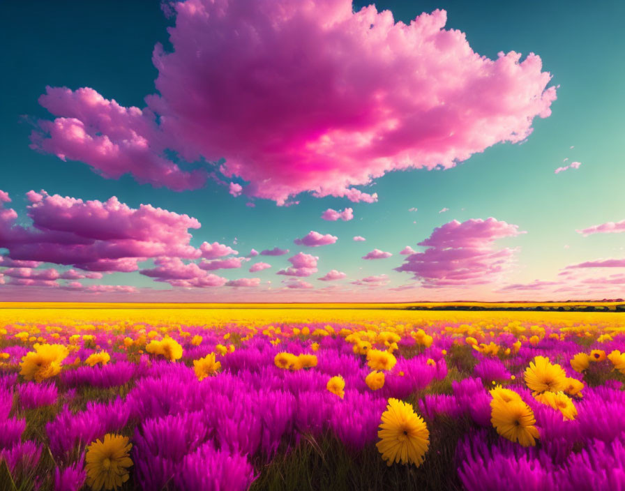 Colorful flower field under dramatic sky with pink clouds and yellow & purple blooms.