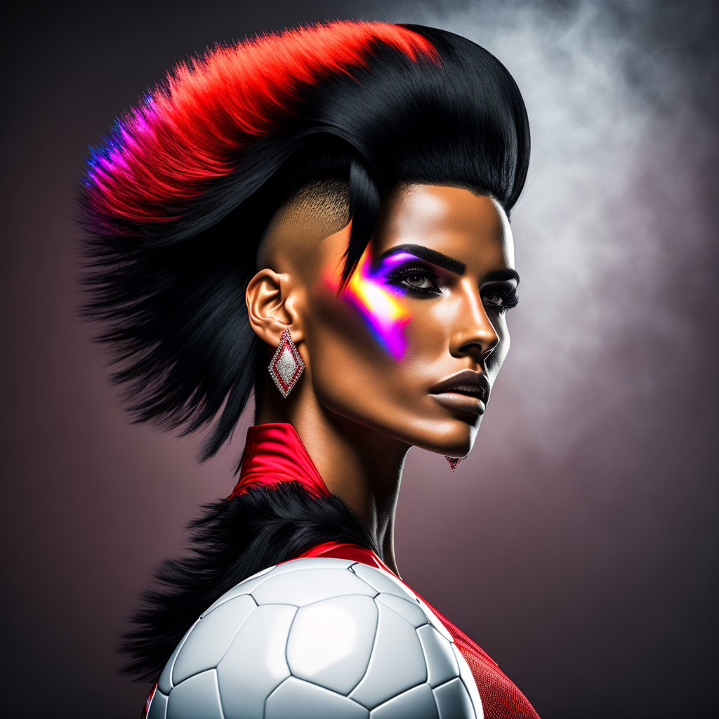 Digital Artwork: Futuristic Person with Red & Black Mohawk & Purple Makeup