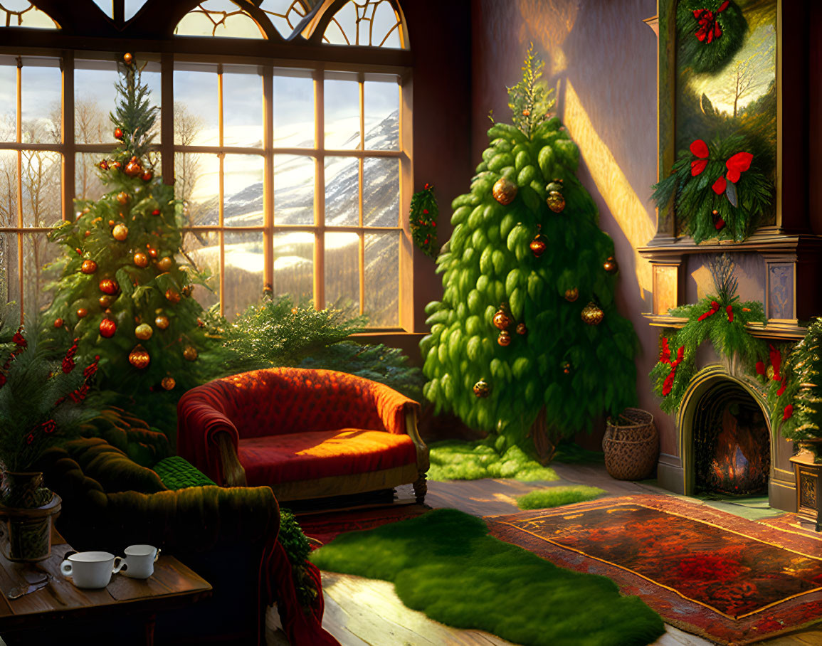 Festive Christmas interior with tree, fireplace, red sofa & wreaths