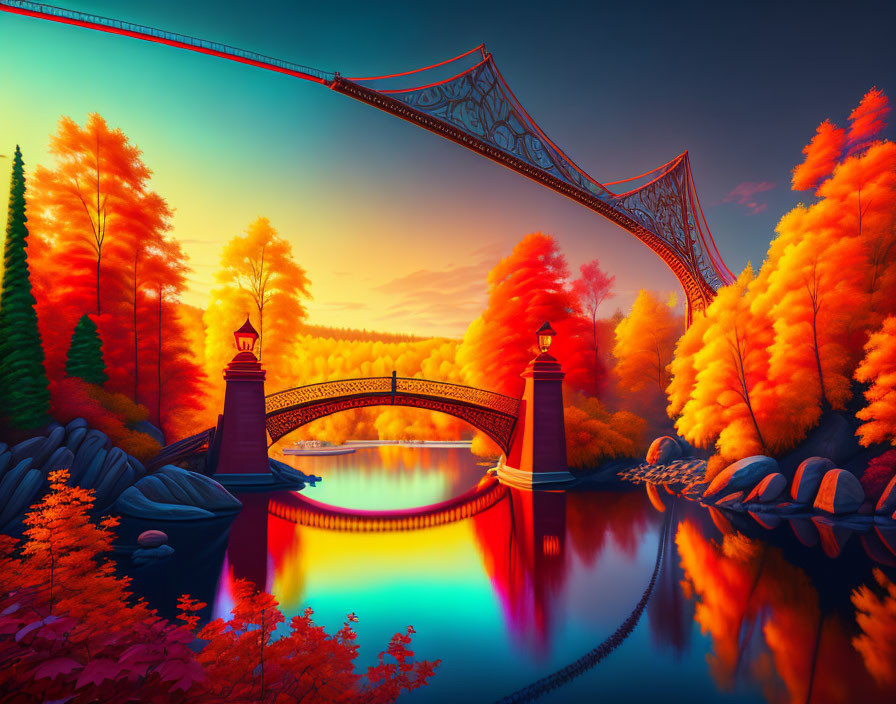 Scenic autumn landscape with river, bridges, and colorful trees