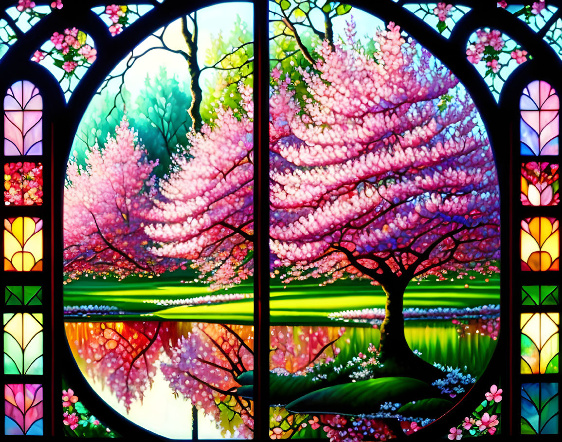 Colorful Cherry Blossom Tree Stained Glass Window with Gothic Arch Frame