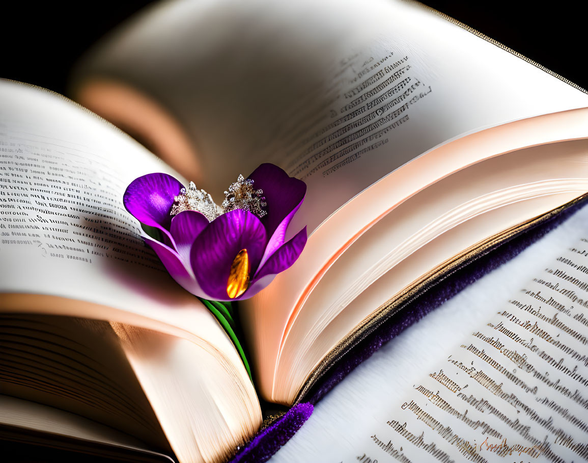 Vibrant purple crocus and dewdrops in open book on dark background