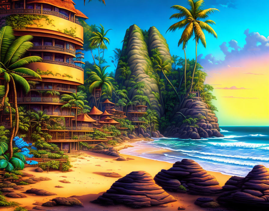 Tropical beach sunset with palm trees, wooden building, rocks, and hills