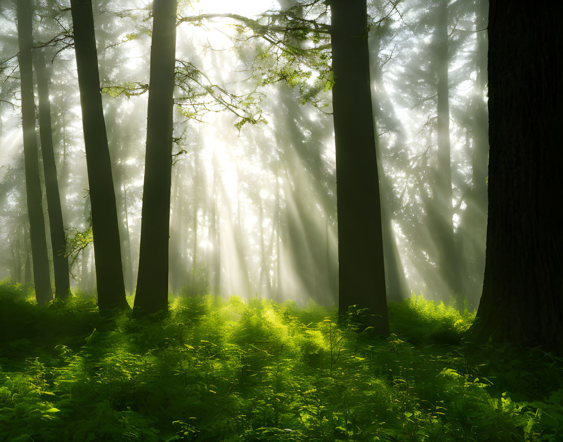 Forest illuminated by sunbeams, mystical green foliage.