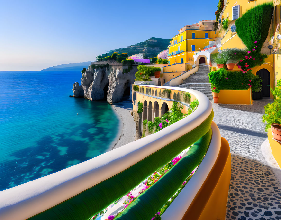 Colorful Coastal Buildings and Seaside Pathway with Flowers in Tranquil Blue Waters