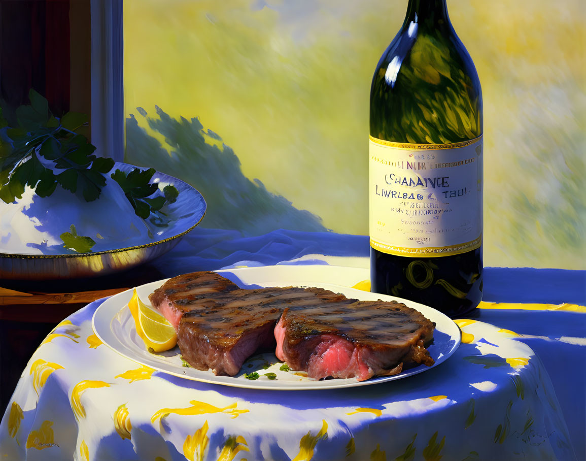 Realistic painting of cooked steak with lemon and herbs on plate, wine bottle, sunny backdrop