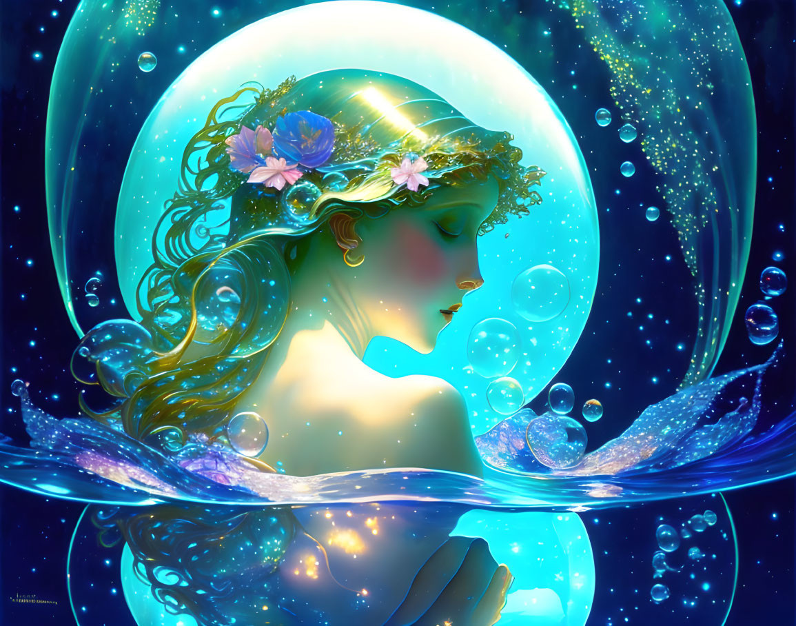 Illustration of serene woman surrounded by bubbles under glowing moon