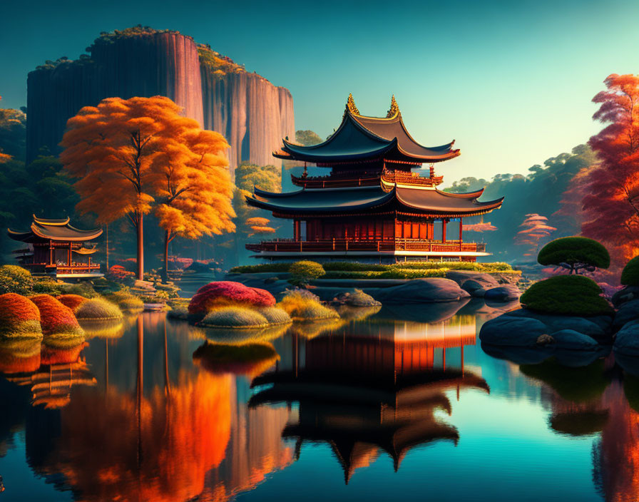 Asian Pagodas by Calm Lake Surrounded by Autumn Trees