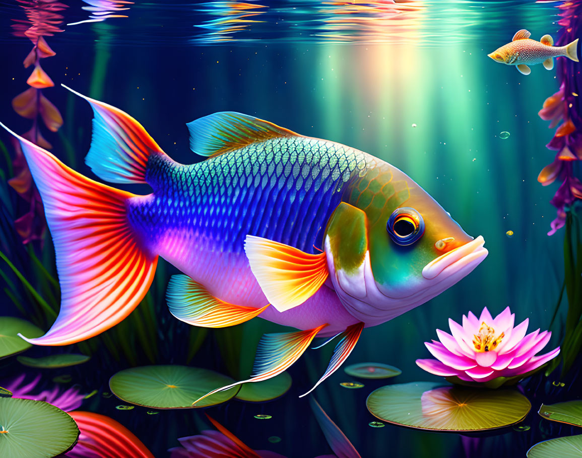 Colorful fish swimming in serene pond with lotus and lily pads