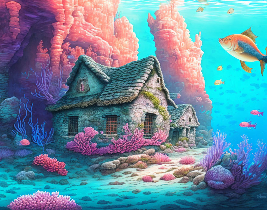 Vibrant coral reefs with stone cottage and fish