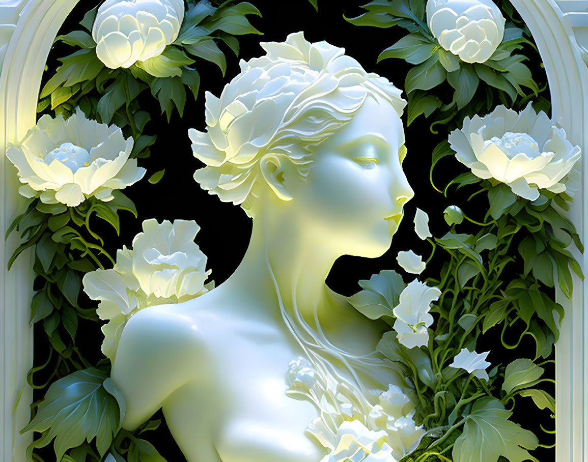 Alabaster statue of woman in lush garden setting