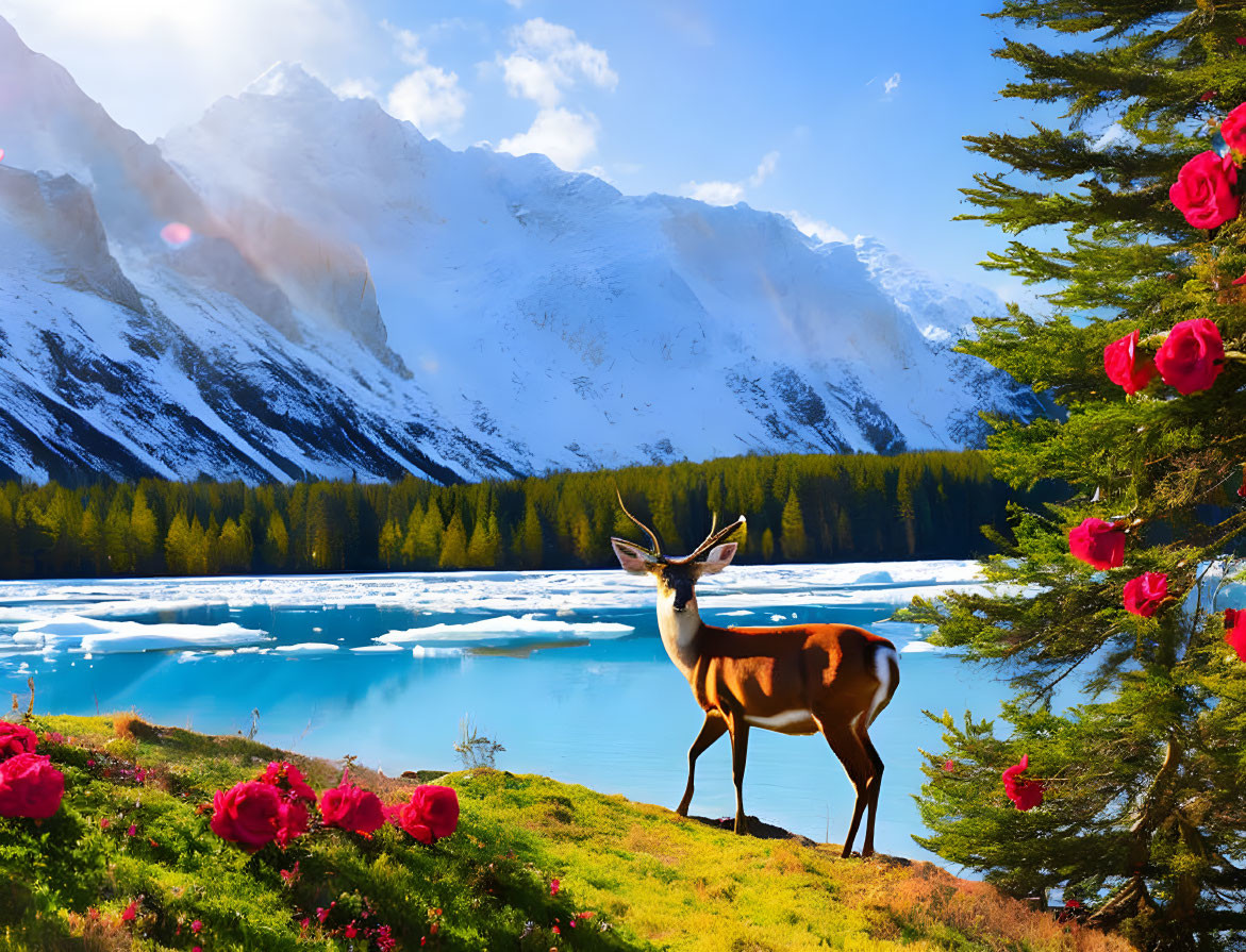 Deer by frozen lake with pink flowers and mountains