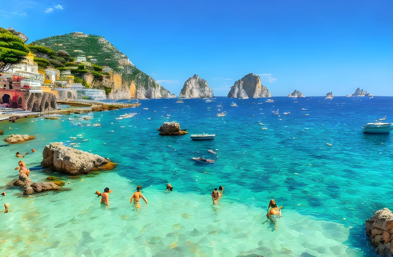 Swimmers, boats, rocky formations in turquoise waters near coastal town