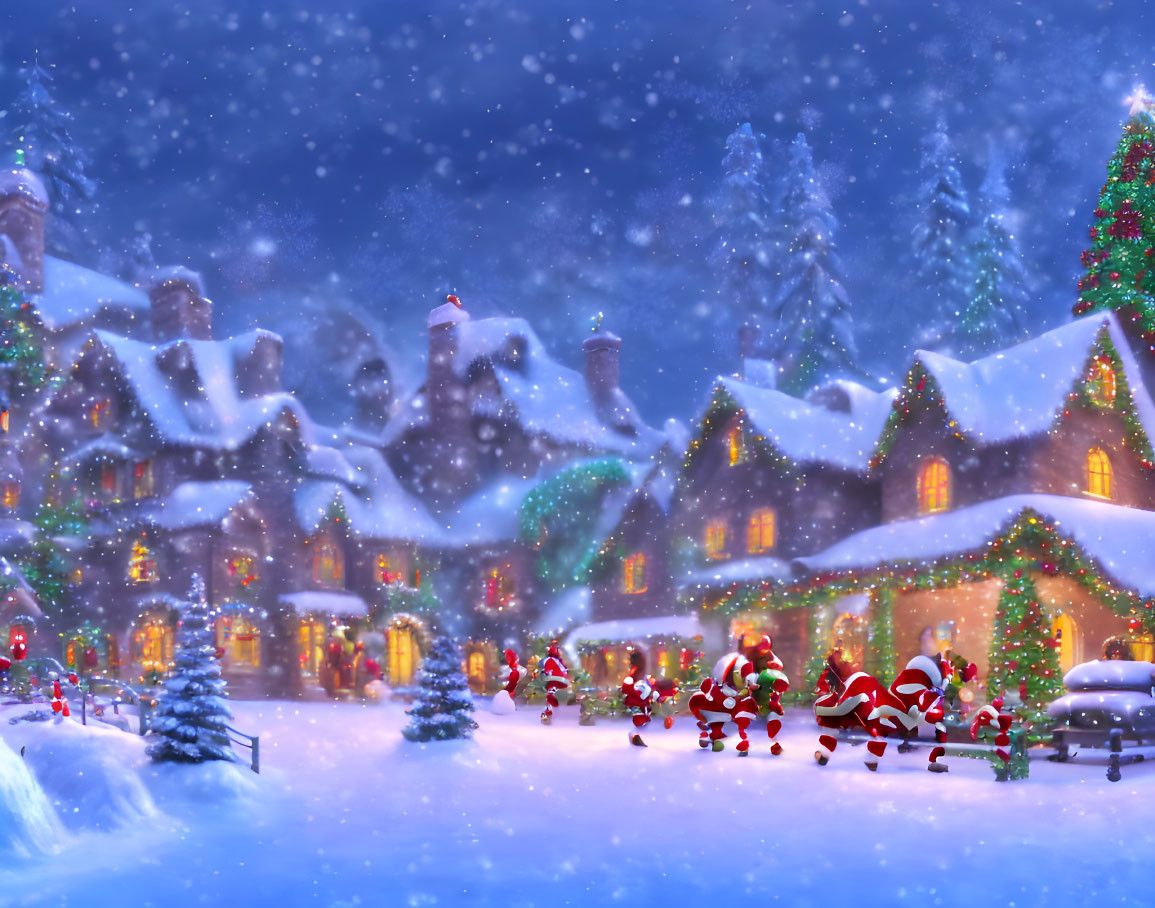 Multiple Santas in festive Christmas scene with whimsical decorations, snowfall, and cozy, snow-covered