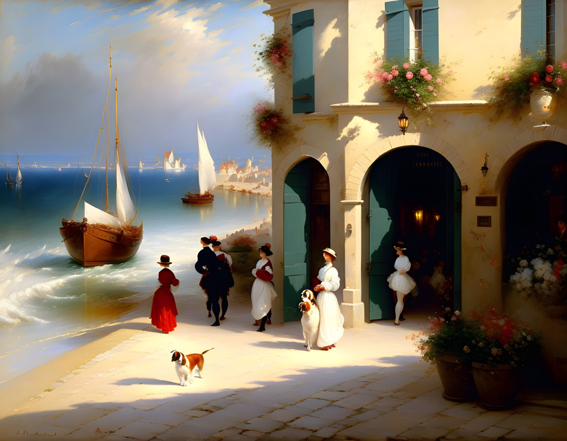 Vintage coastal scene: people, dogs, sailboats, and floral buildings.