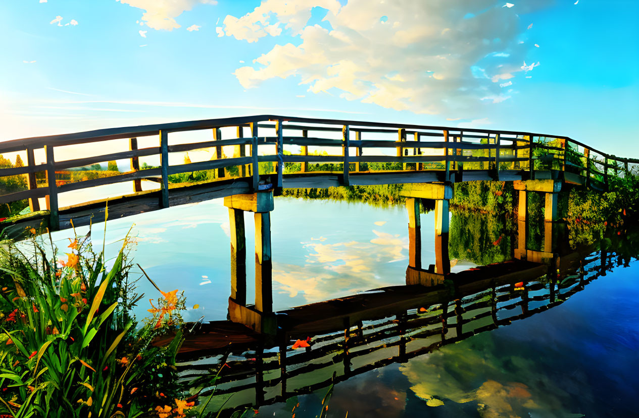 Scenic wooden bridge over serene lake at sunset/sunrise