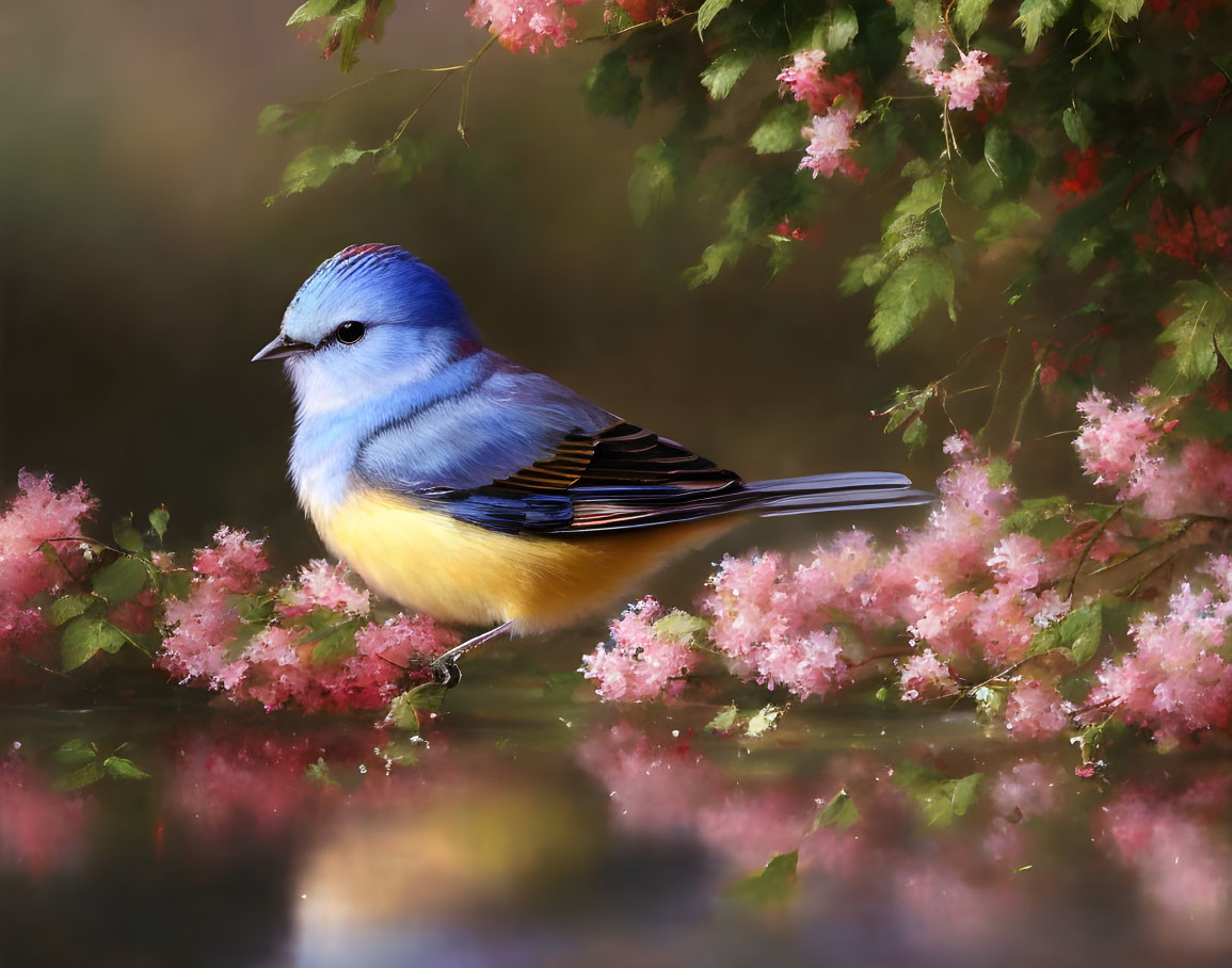 Vibrant blue and yellow bird near pink flowers reflected in water