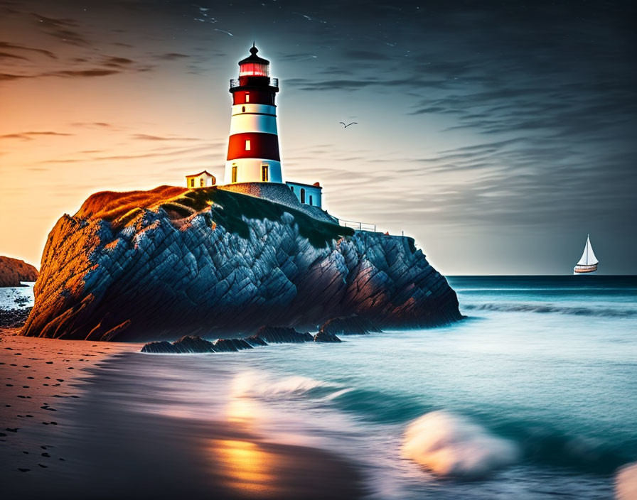 Scenic lighthouse on rocky cliff by calm sea at twilight