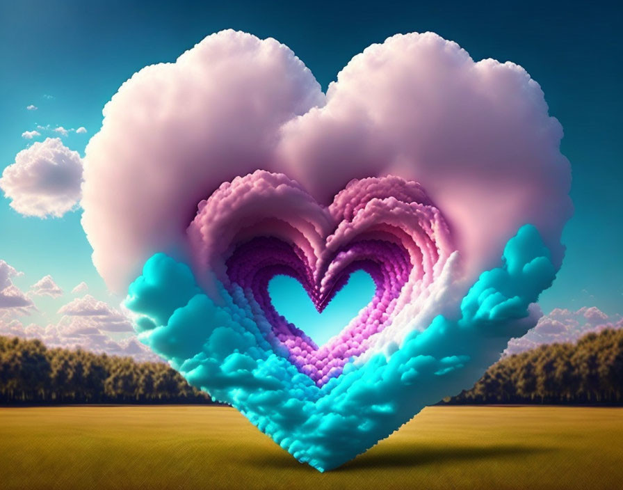 Multilayered heart-shaped cloud formation in pink and blue above green meadow