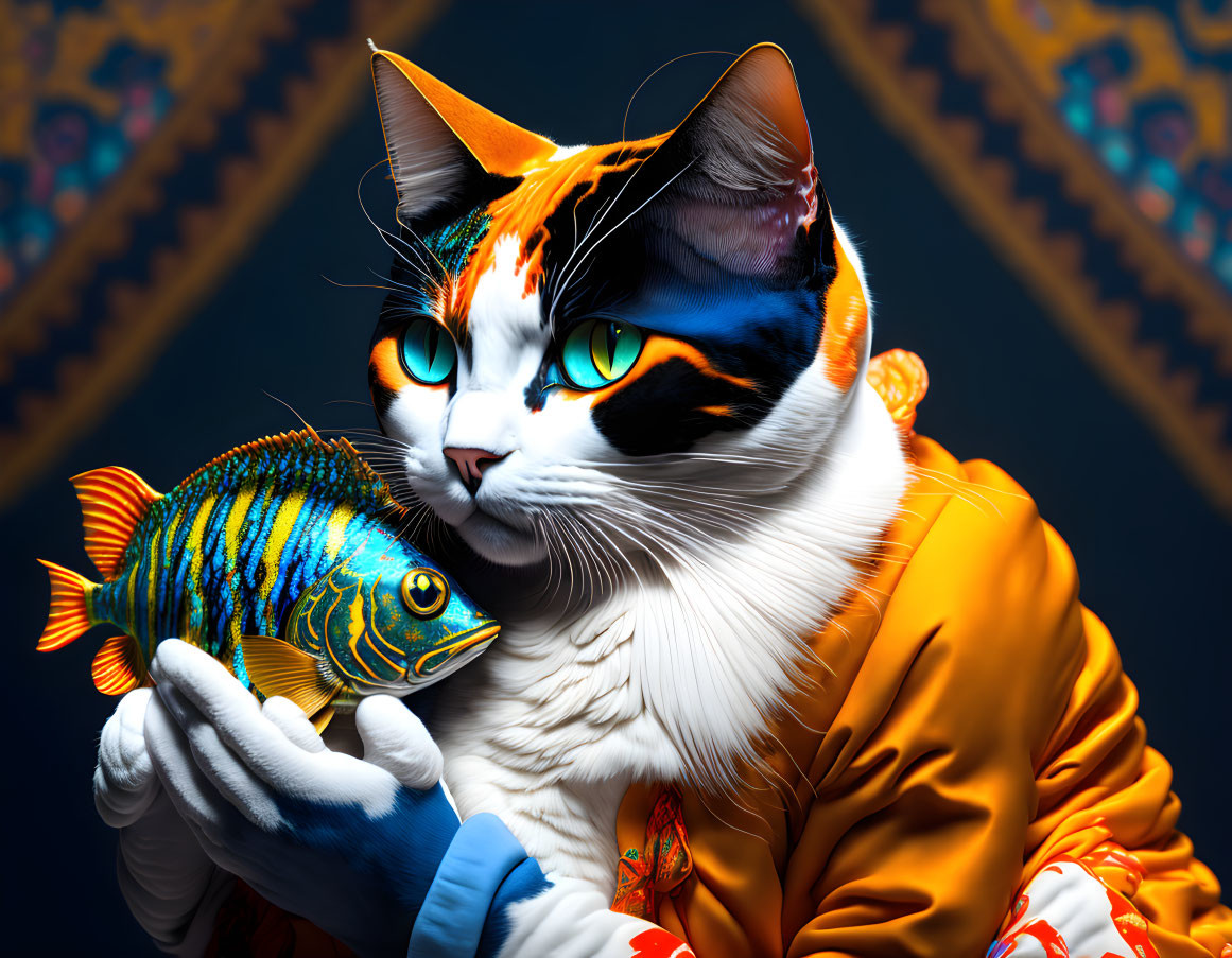 Colorful Cat in Stylish Outfit with Fish on Deep Blue Background