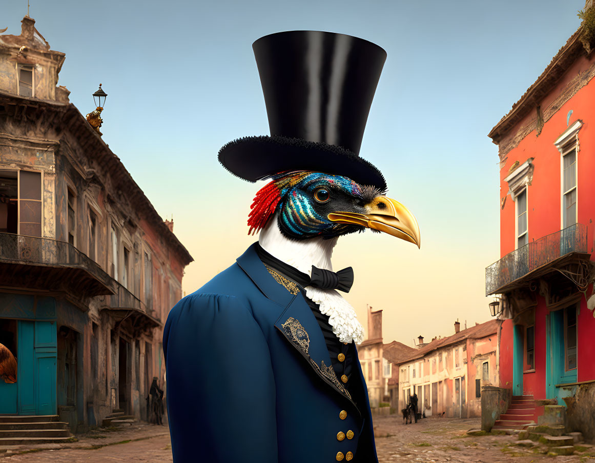 Colorful Bird in Suit and Top Hat on Old-Town Street