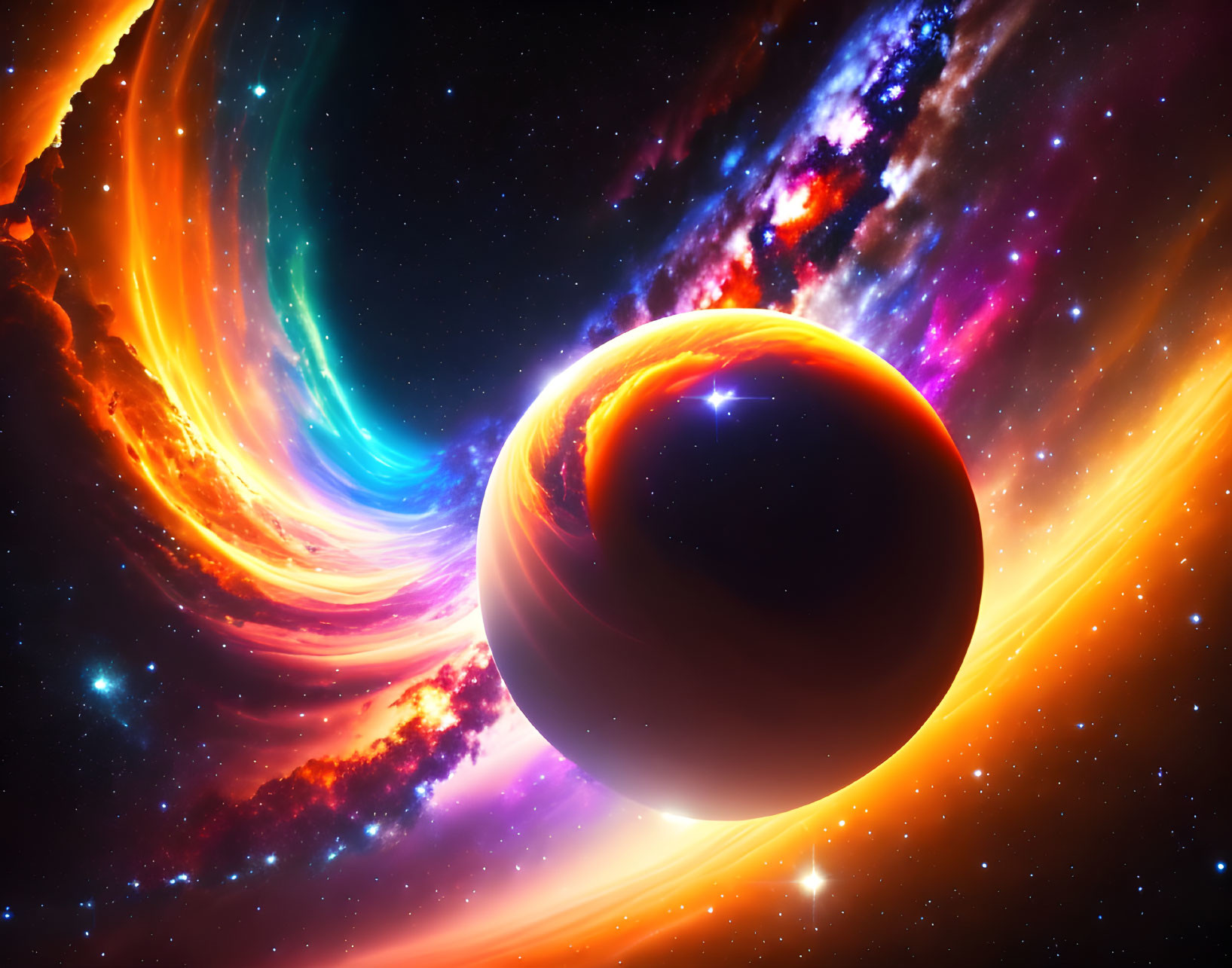 Colorful Cosmic Scene Featuring Large Planet and Swirling Galaxy