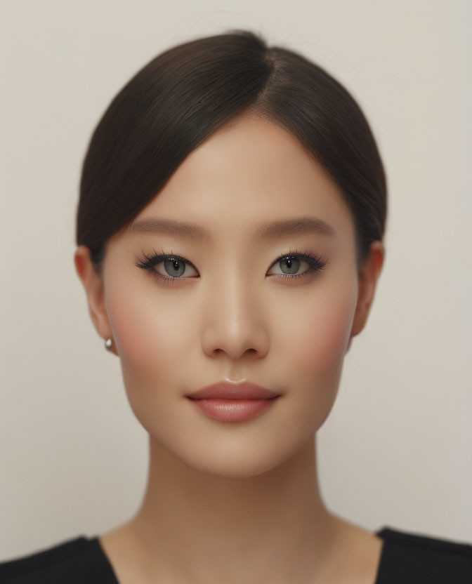 Young Woman's Digital Portrait: Fair Skin, Subtle Makeup, Serene Expression