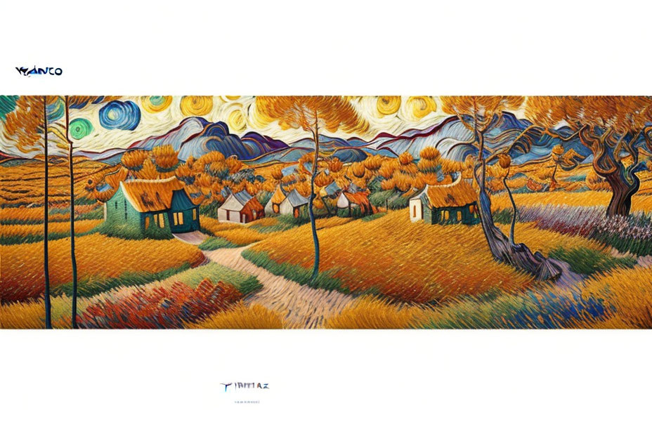 Colorful rural landscape painting with swirling skies and autumnal trees