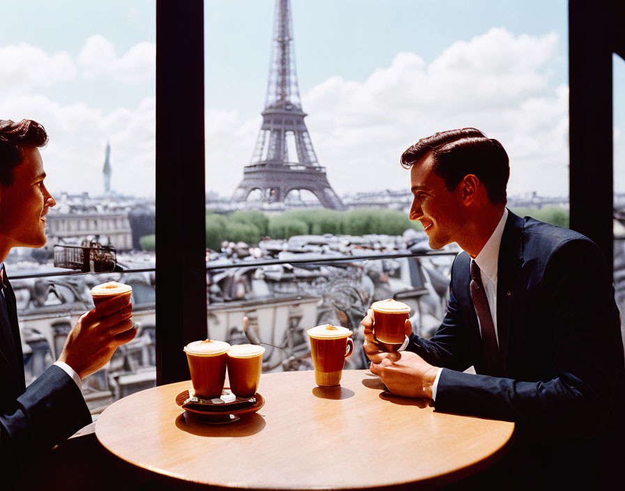 Men in suits having coffee with Eiffel Tower view.