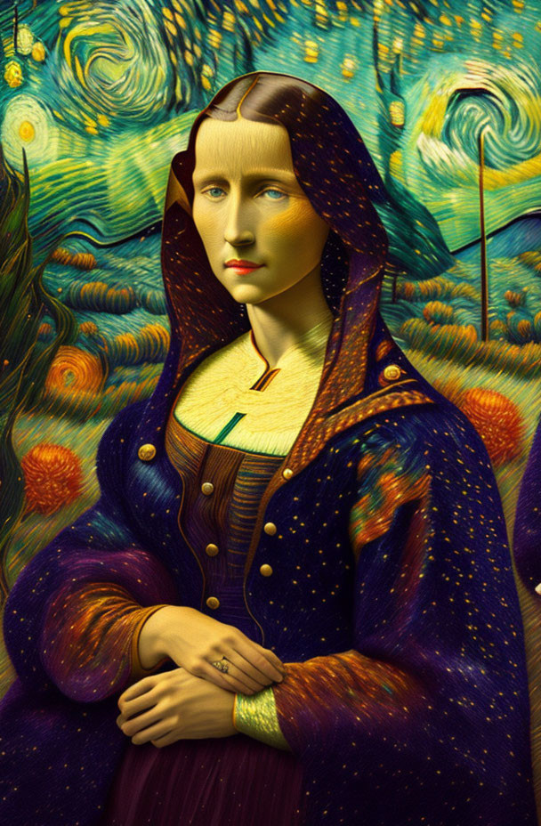 Digital artwork blending Starry Night with Mona Lisa: celestial swirls on robe and background