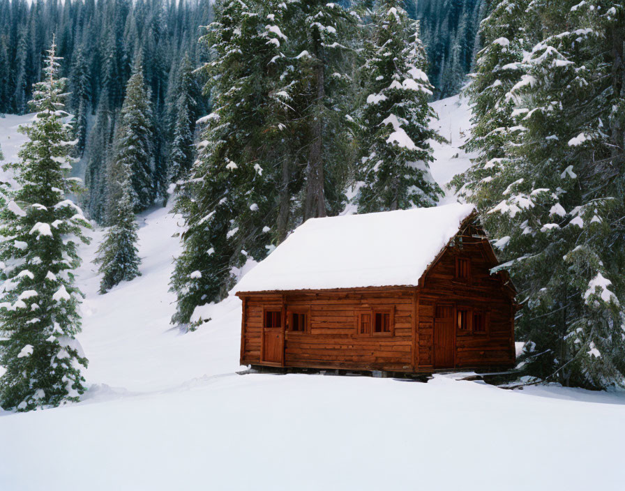 Snow-covered wooden cabin in pine forest