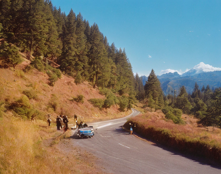 Vintage Car Driving on Winding Mountain Road with Group of People, Tall Trees, and Blue Sky