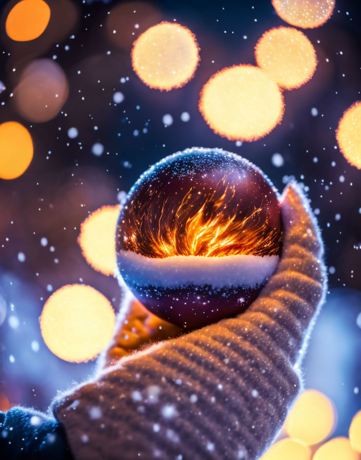 Hand in Knitted Glove Holding Christmas Ornament with Glowing Lights