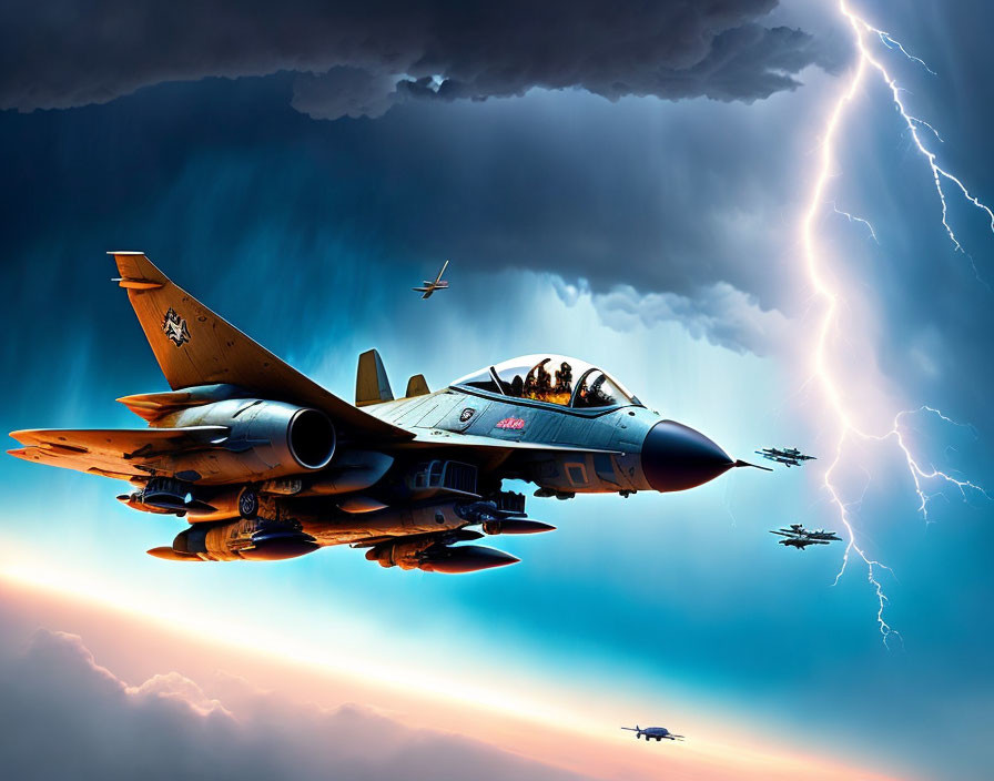 Fighter Jets Flying in Dramatic Sky with Lightning Bolt