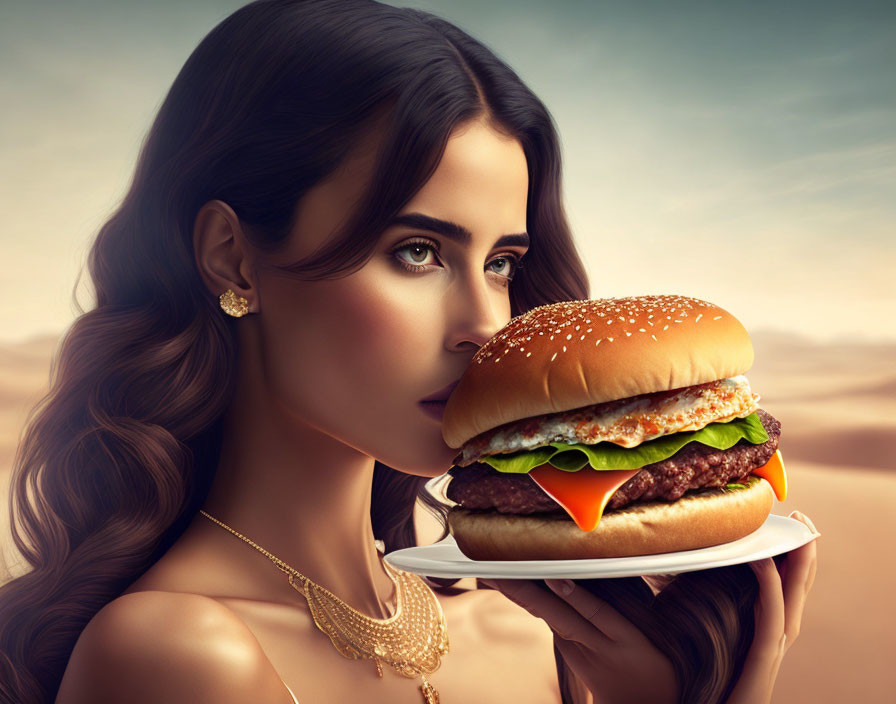 Brown-haired woman holding a cheeseburger under dusky sky