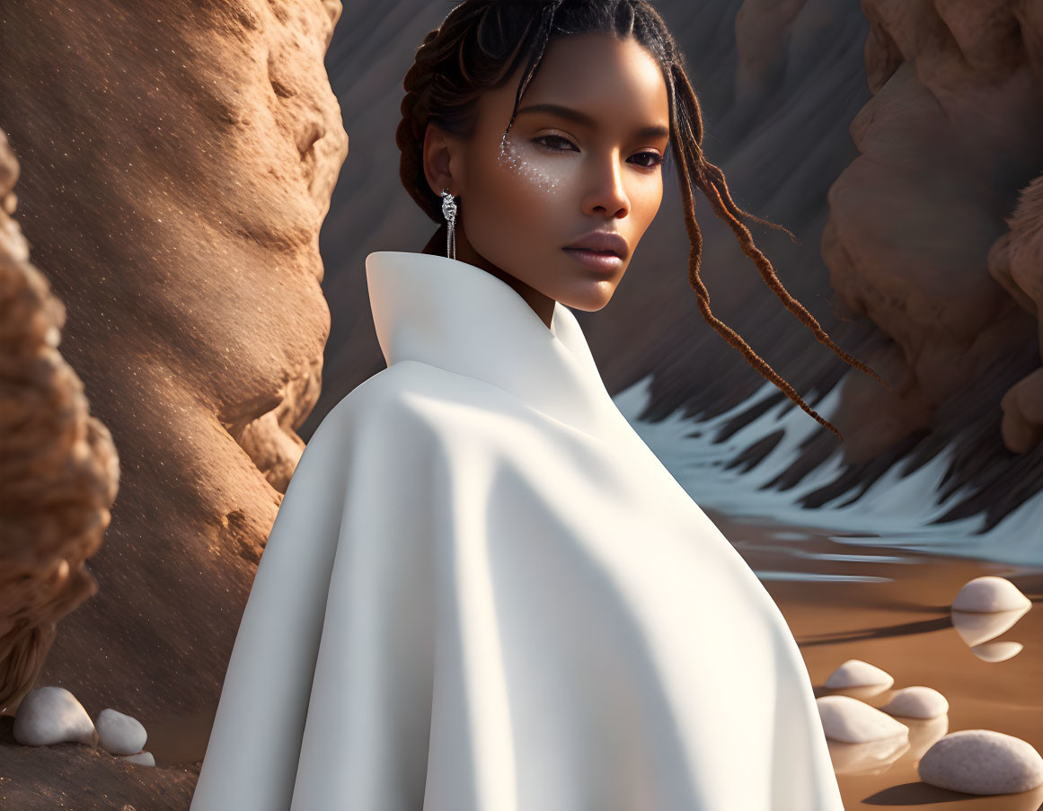 Striking woman in white garment in serene rocky landscape