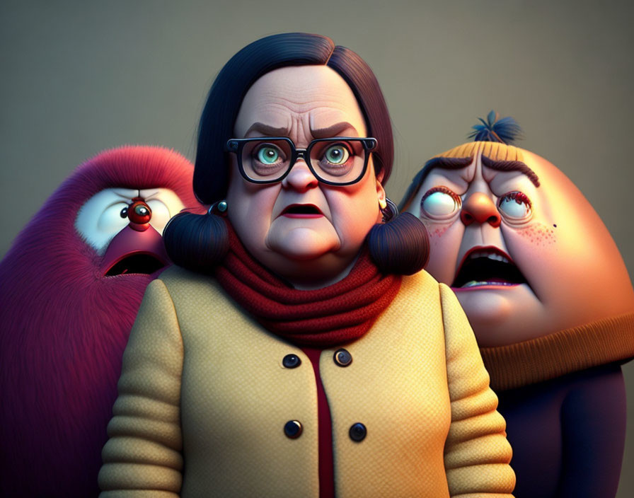 Three animated characters with exaggerated expressions in warm clothing and glasses.