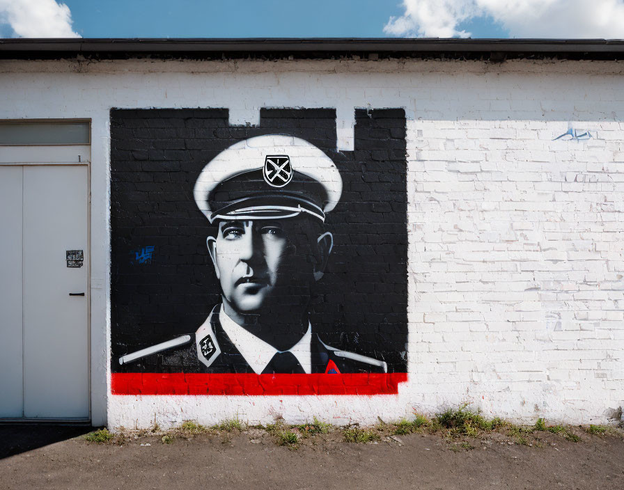 Military Attire Man Mural on White Brick Wall