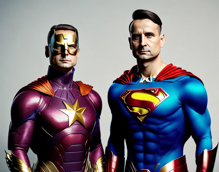 Colorful Male Superheroes in Gold and Red & Blue and Red Costumes