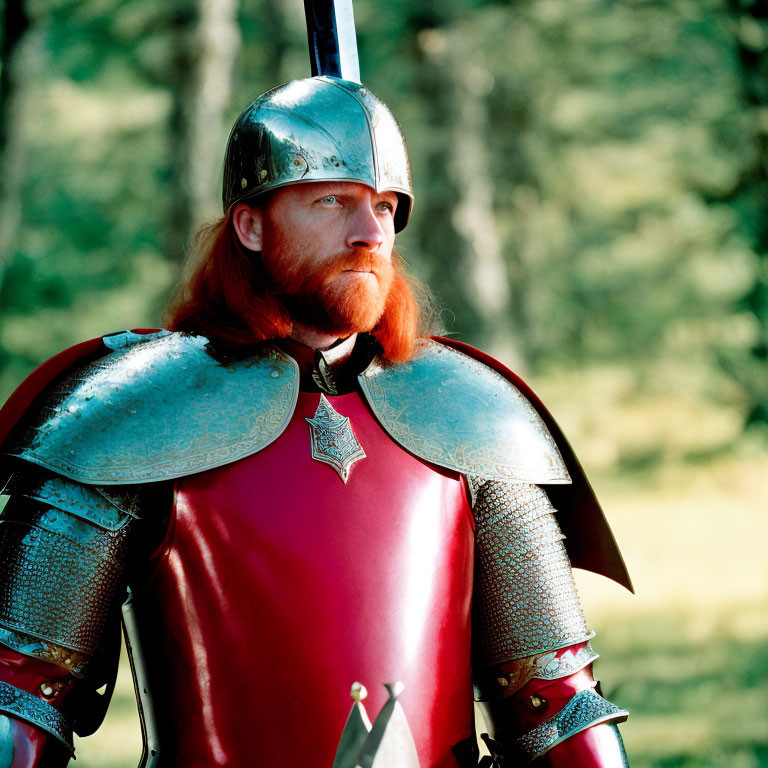 Medieval knight with red beard in armor and surcoat with star emblem in forest